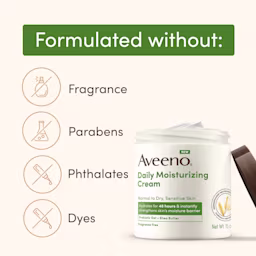 Aveeno® Daily Moisturizing Cream bottle formulated without fragrances, parabens, phthalates & dyes