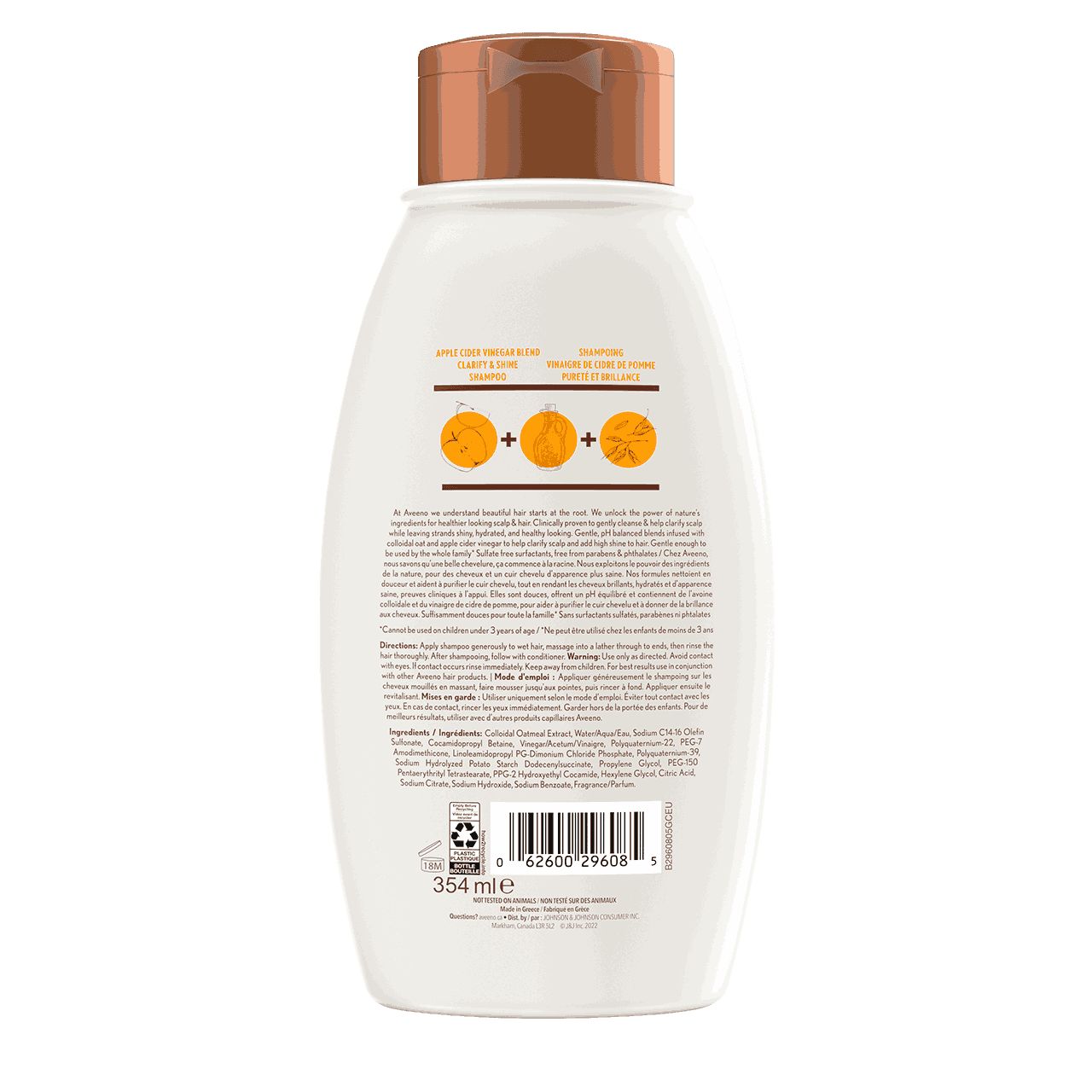 Shampoing AVEENO® Vinaigre de cidre de pomme Pureté et brillance,Panneau arrière du Flacon de 354 ml