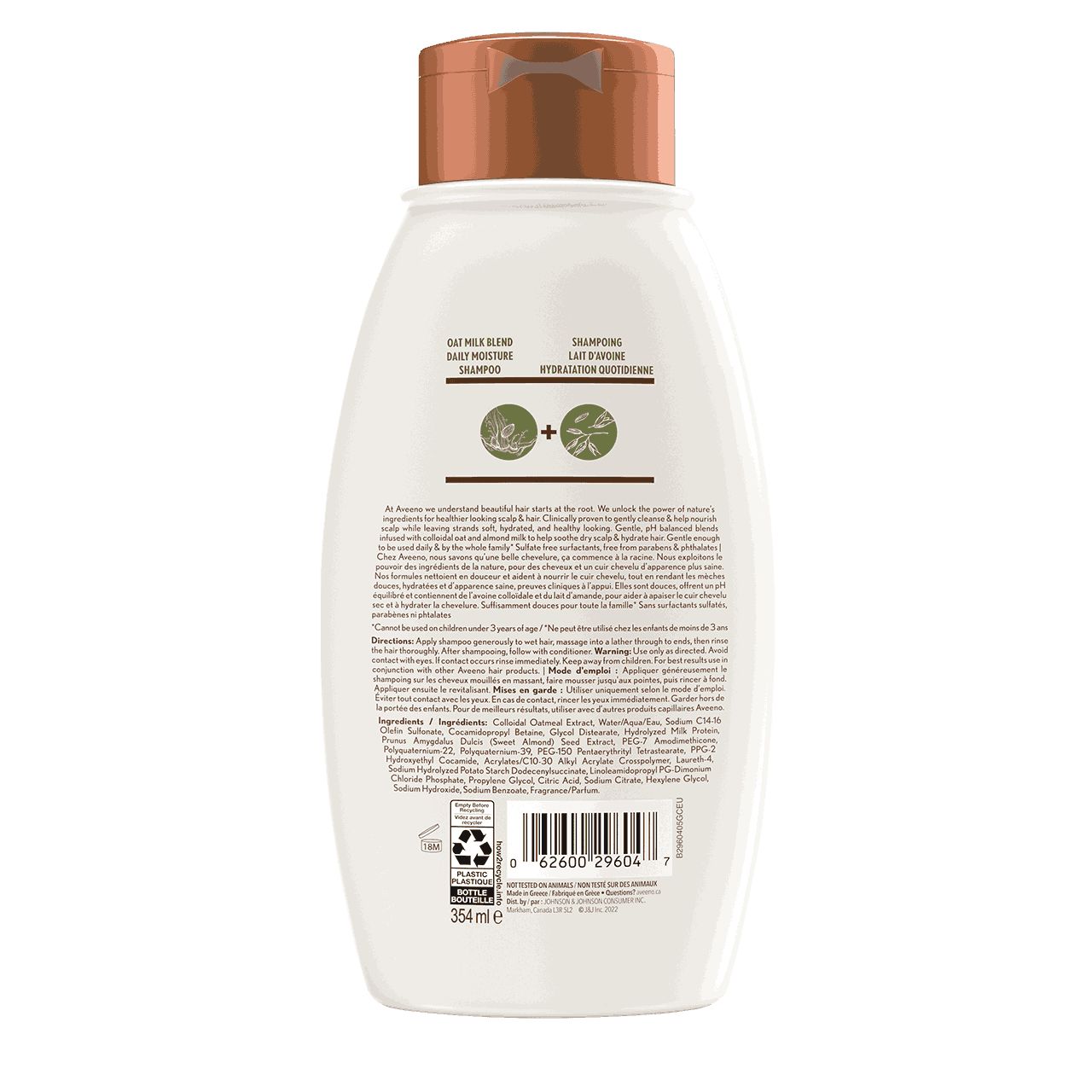 Shampoing AVEENO® Lait d’avoine Hydratation quotidienne, Panneau arrière du Flacon de 354 ml