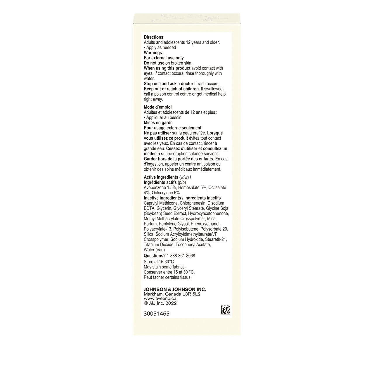 Hydratant quotidien AVEENO® POSITIVELY RADIANT® avec FPS 30, panneau arrière de la lotion de 68 ml