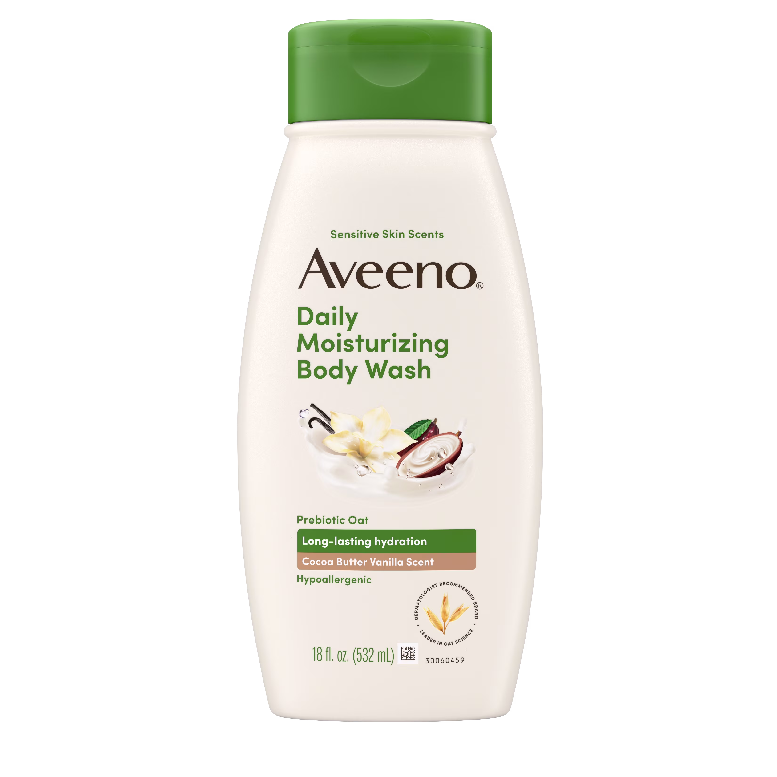 Front pack shot of Aveeno® Daily Moisturizing Body Wash, Cocoa Butter Vanilla Scent 18oz