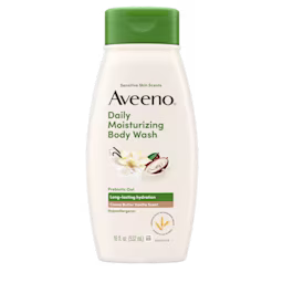 Front pack shot of Aveeno® Daily Moisturizing Body Wash, Cocoa Butter Vanilla Scent 18oz Front pack shot of Aveeno® Daily Moisturizing Body Wash, Cocoa Butter Vanilla Scent 18oz