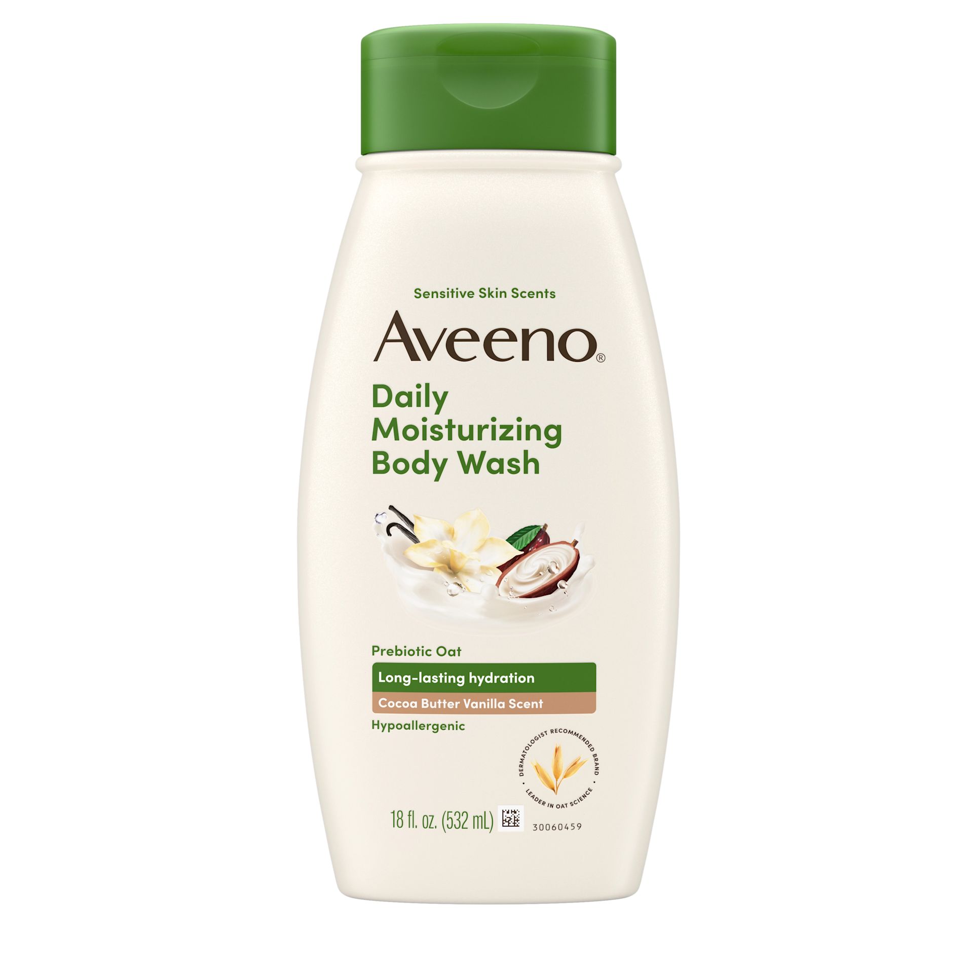 Front pack shot of Aveeno® Daily Moisturizing Body Wash, Cocoa Butter Vanilla Scent 18oz