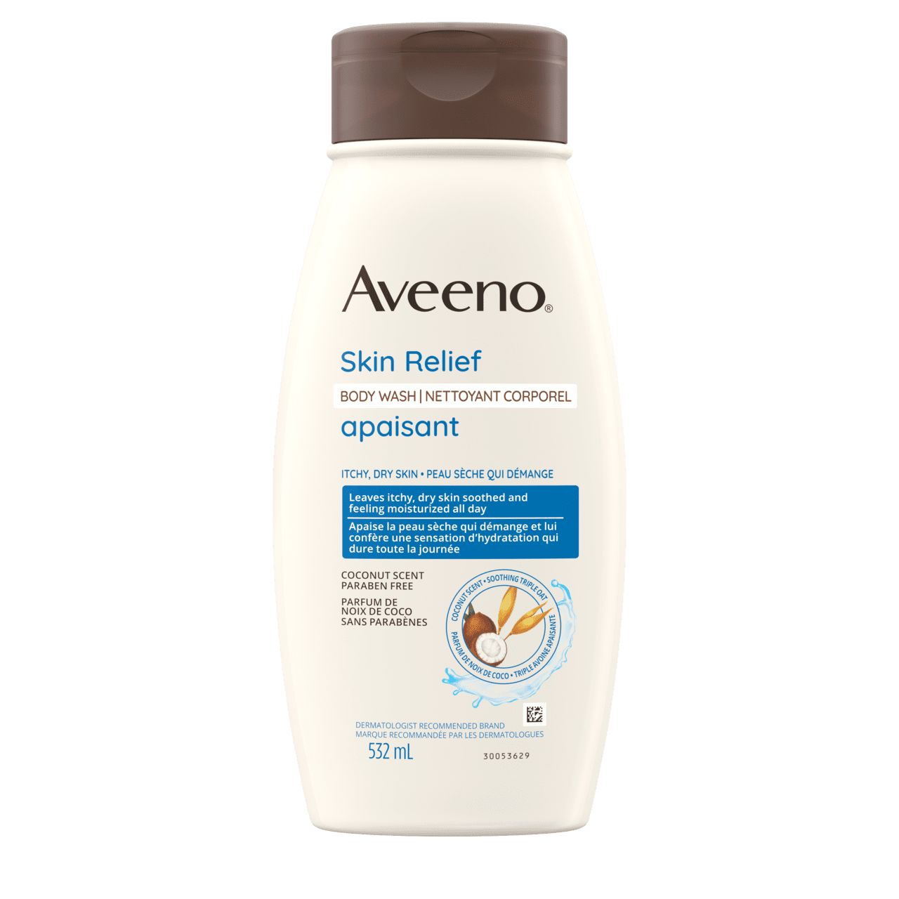 Photo avant du gel nettoyant apaisant à la noix de coco d’AVEENO®, bouteille compressible de 532 mL