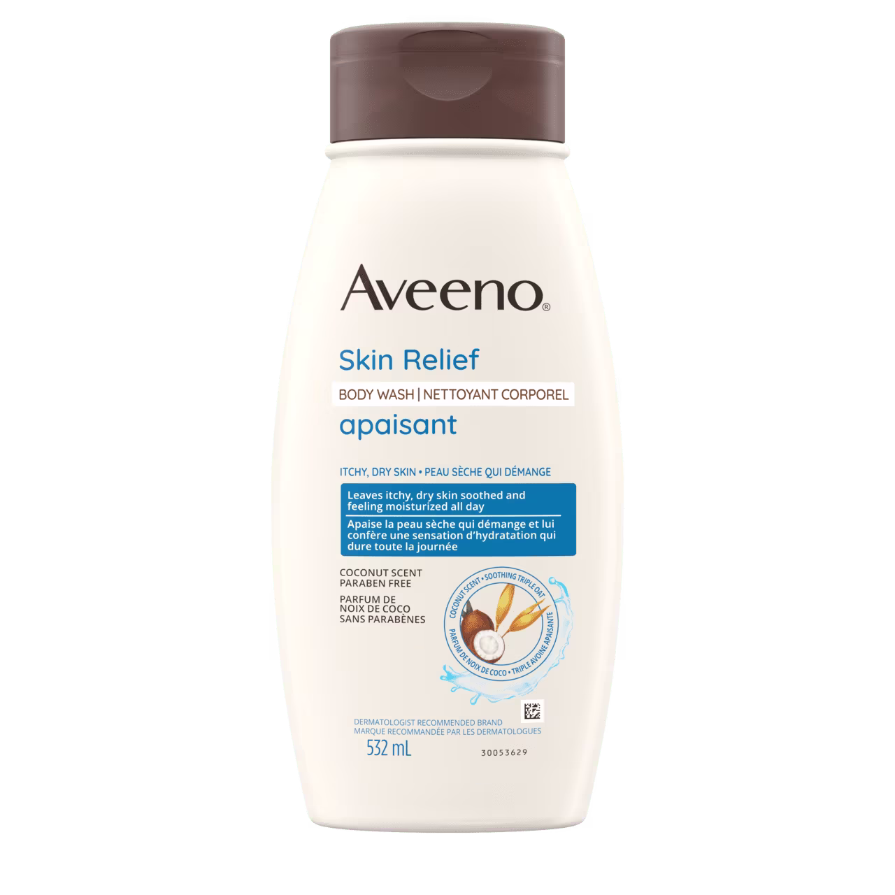 Front Shot of AVEENO® Skin Relief Body Wash Coconut , 532mL squeeze bottle