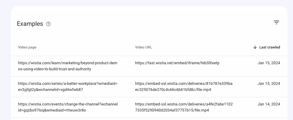 google search console - video pages list