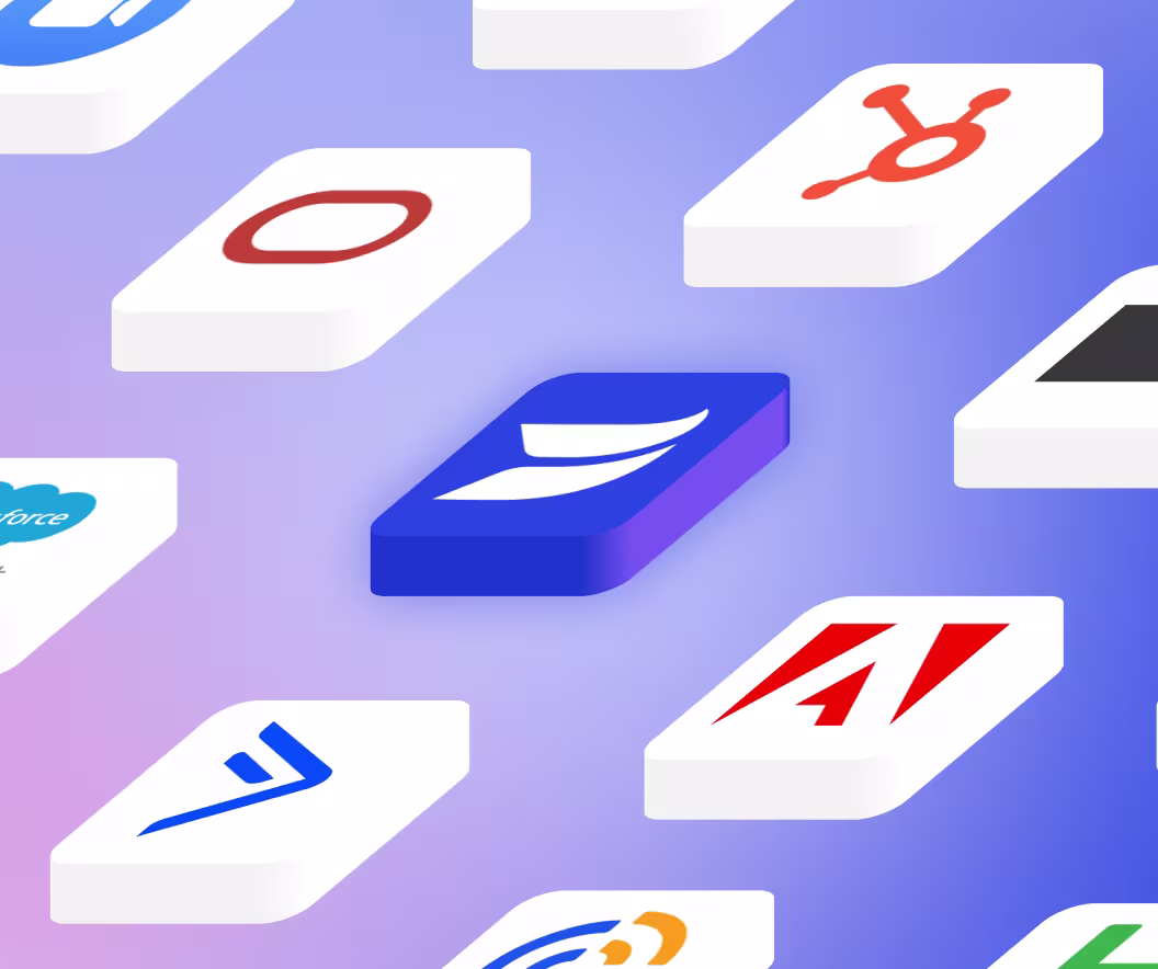 App integration tiles featuring logos from HubSpot, Salesforce, Adobe, and Tray.io on a purple gradient background.
