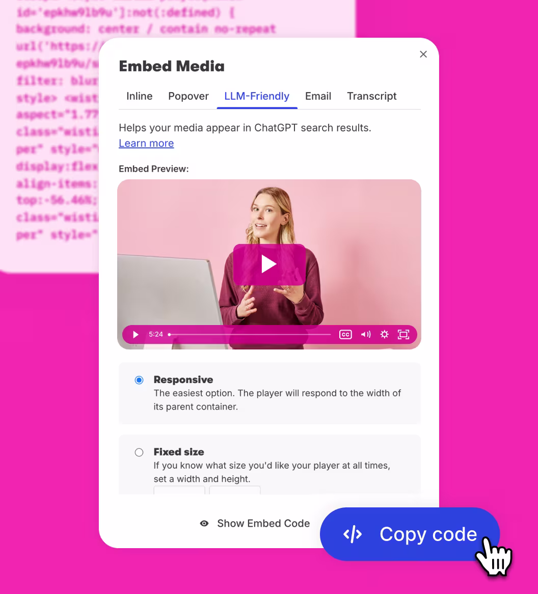 Video embed interface with a video preview, options for responsive or fixed sizing, and a “copy code” button.