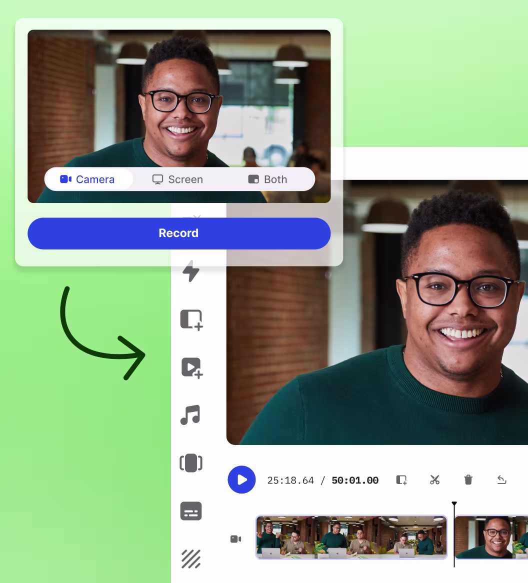 Video recording interface showing a smiling man with recording options for camera, screen, or both