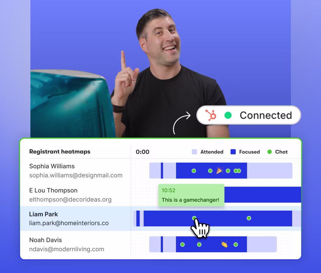 Webinar engagement view showing attendee heatmaps with chat activity and a “Connected” status beside a smiling presenter.