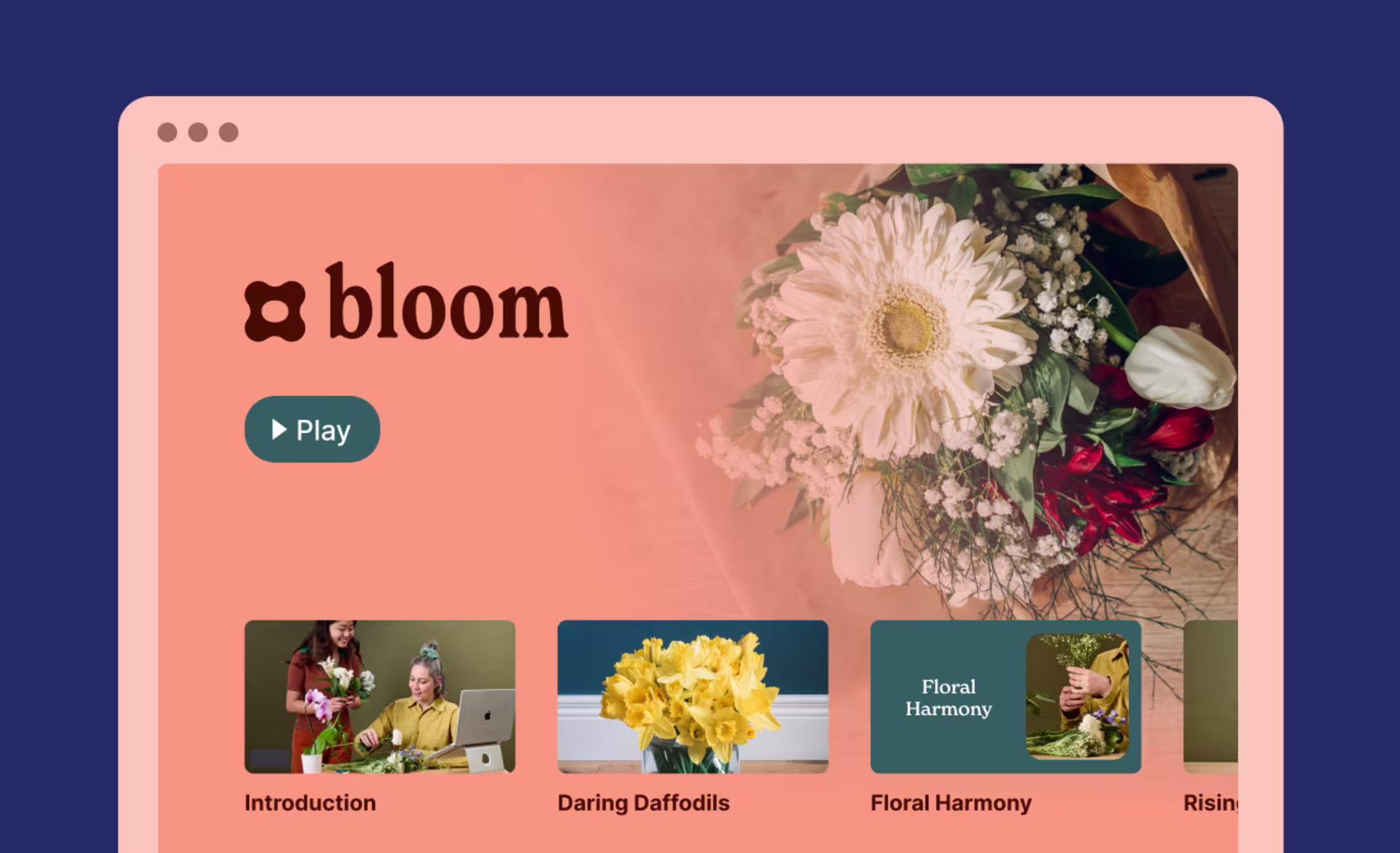 A video channel for a floral brand called Bloom, featuring a floral-themed video collection with a play button and an elegant design.