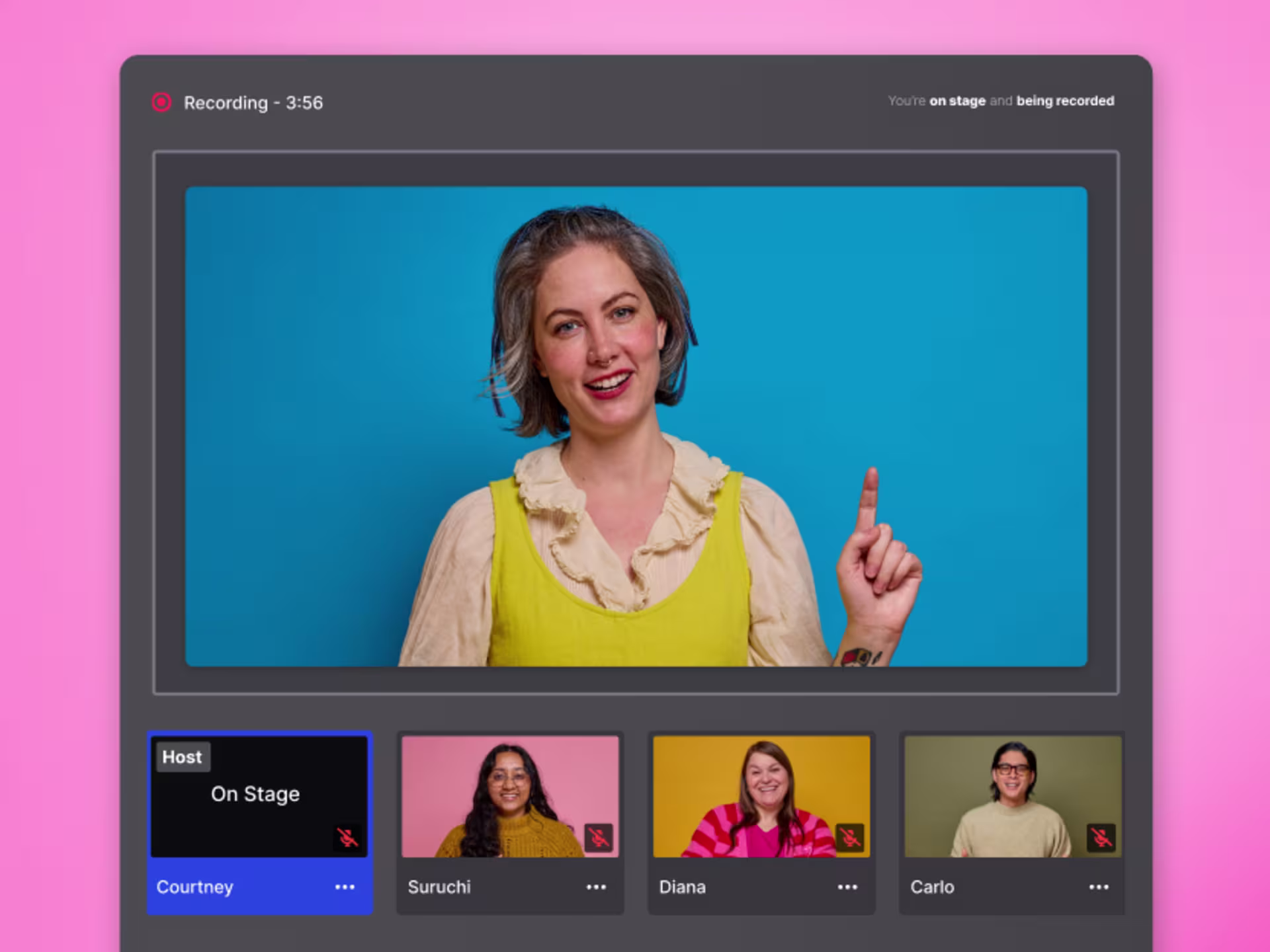 Multi-speaker recording stage view showing four participants in a grid layout with host labeled, a recording timer, and individual participant tiles with ‘microphone on or muted’ indicators.