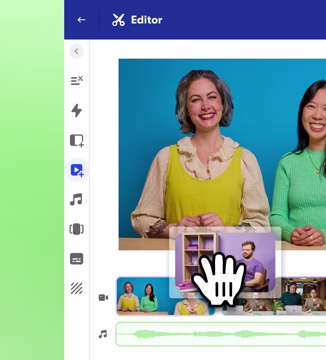 Video editor interface showing a collaborative editing workspace with timeline, thumbnails, and audio waveform