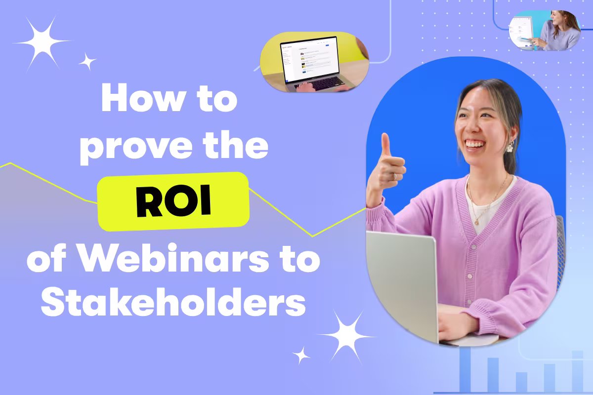How to Prove the ROI of Webinars to Stakeholders and a person giving a thumbs up using a computer