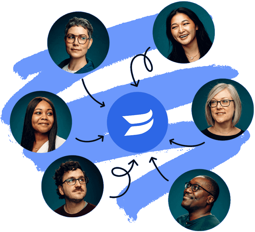 6 circular avatars of people looking inward to the Wistia logo