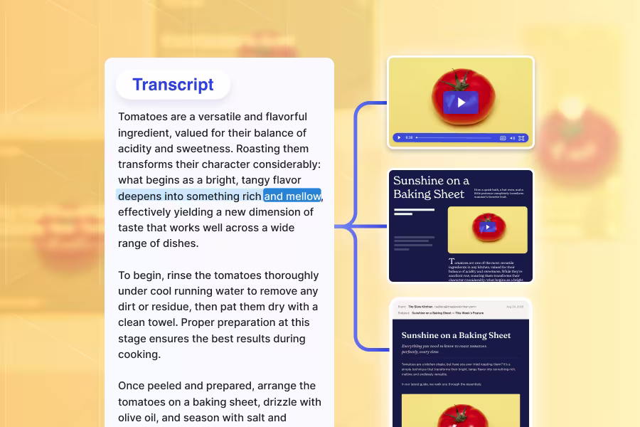 Illustration of a webinar transcript being turned into a blog post, email, and newsletter
