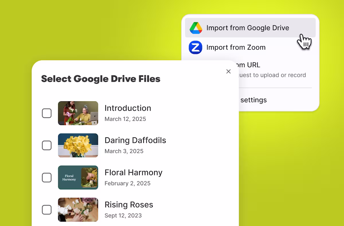Wistia’s import menu open to Google Drive, with a file picker listing videos like "Introduction" and "Daring Daffodils" ready to select.