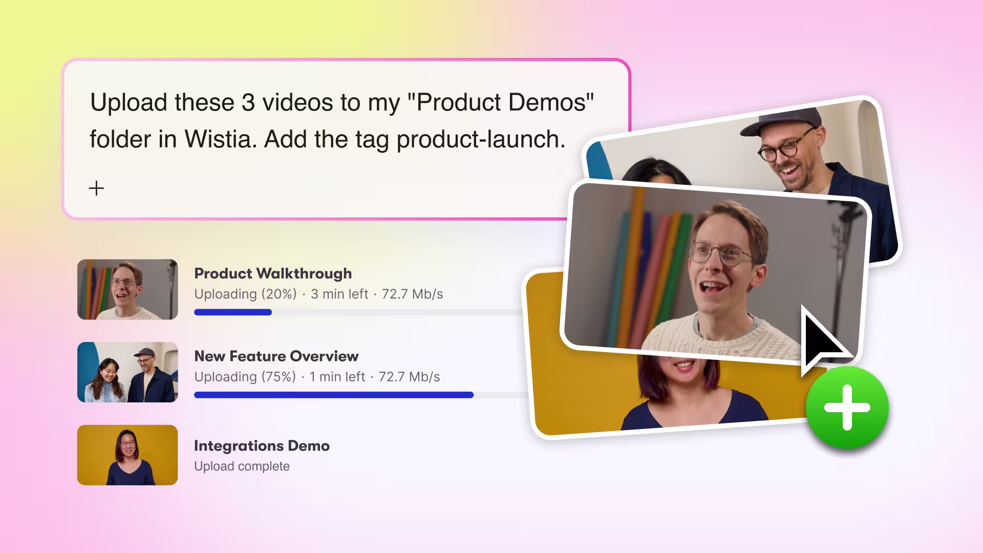 Prompt for uploading three videos to a Wistia folder via MCP, with upload progress and video thumbnails shown for each.