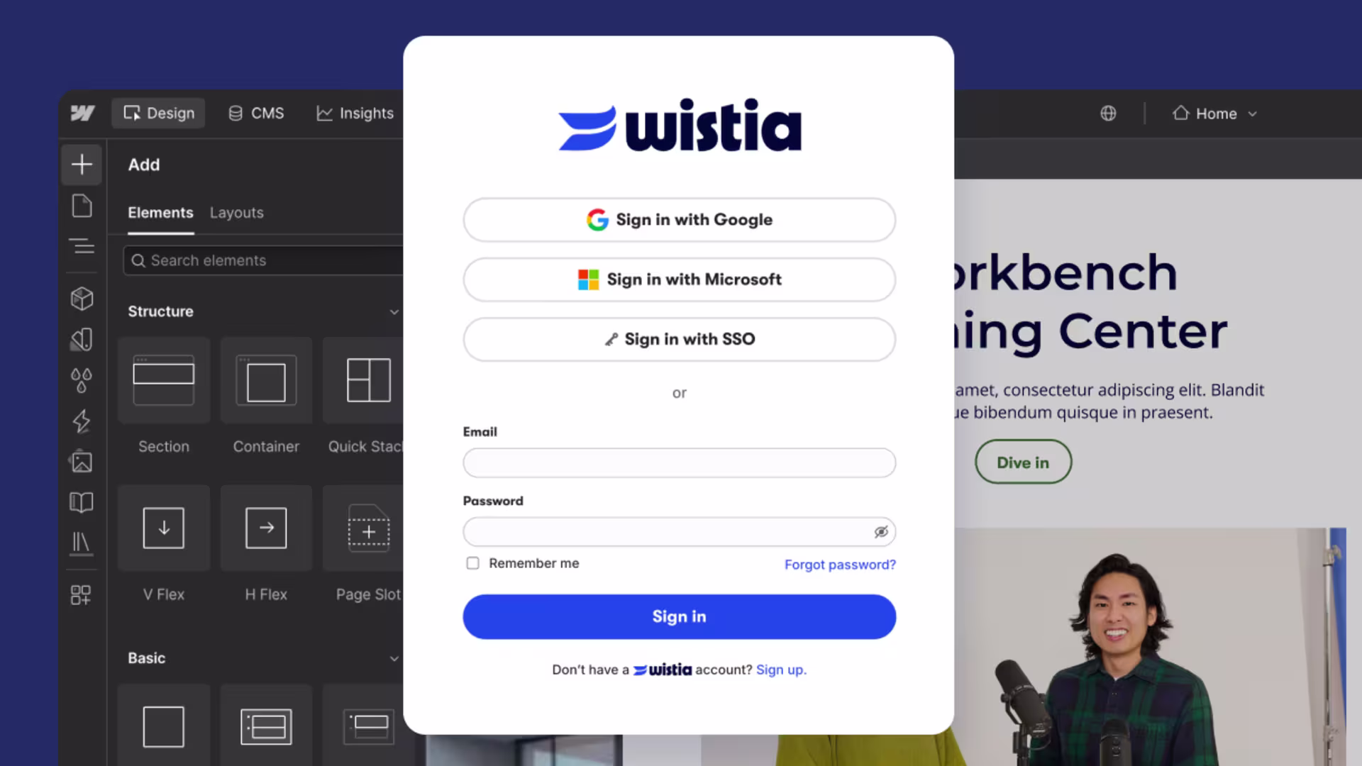 Wistia login modal over Webflow app UI.