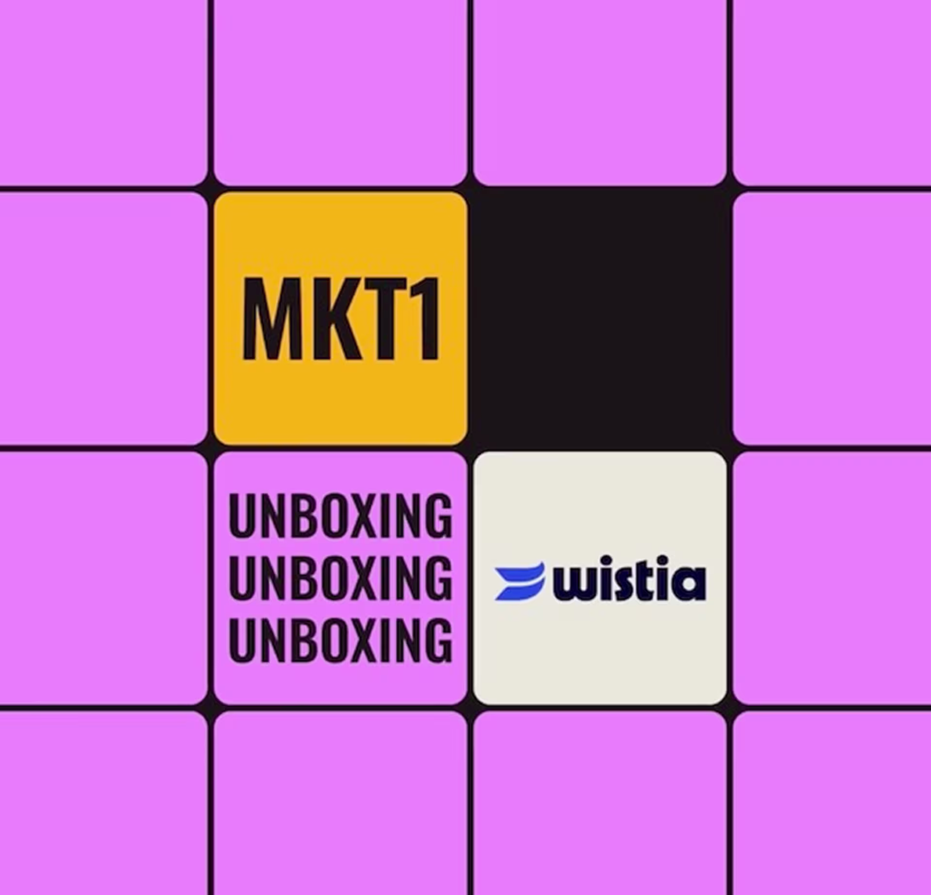 Pink grid graphic for the MKT1 Unboxing video series, featuring the MKT1 and Wistia logos.