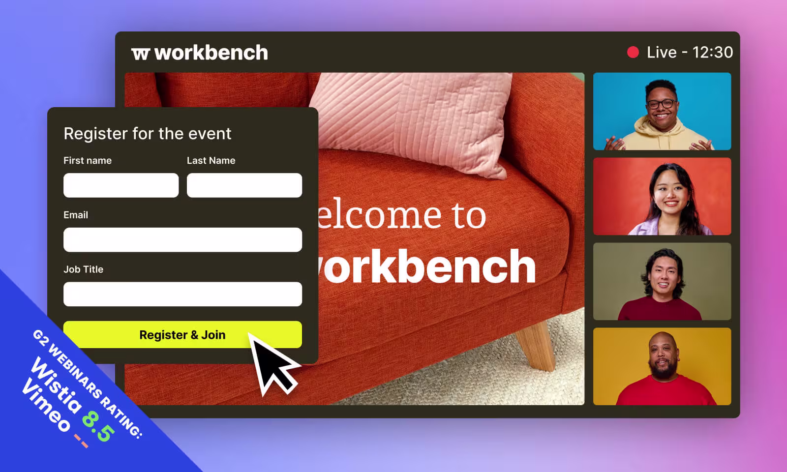 Webinar page with four people presenting, overlaid with a registration modal.