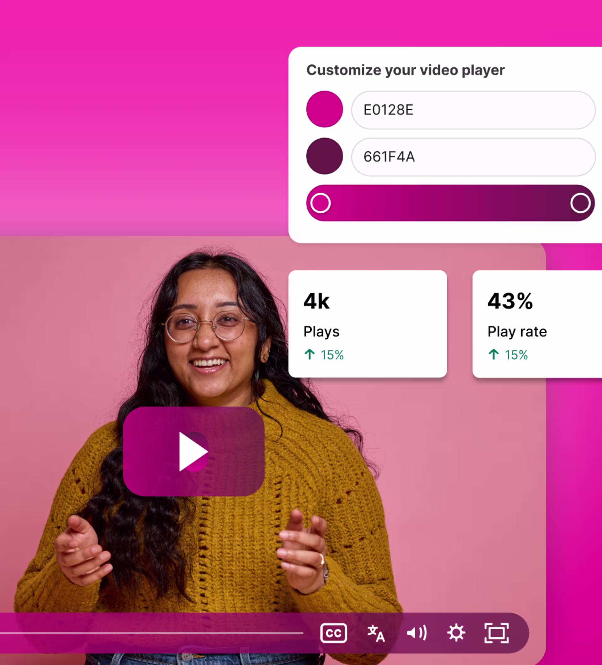 A smiling woman in a video player that has custom branding. Overlay shows playback stats and color settings for the player.