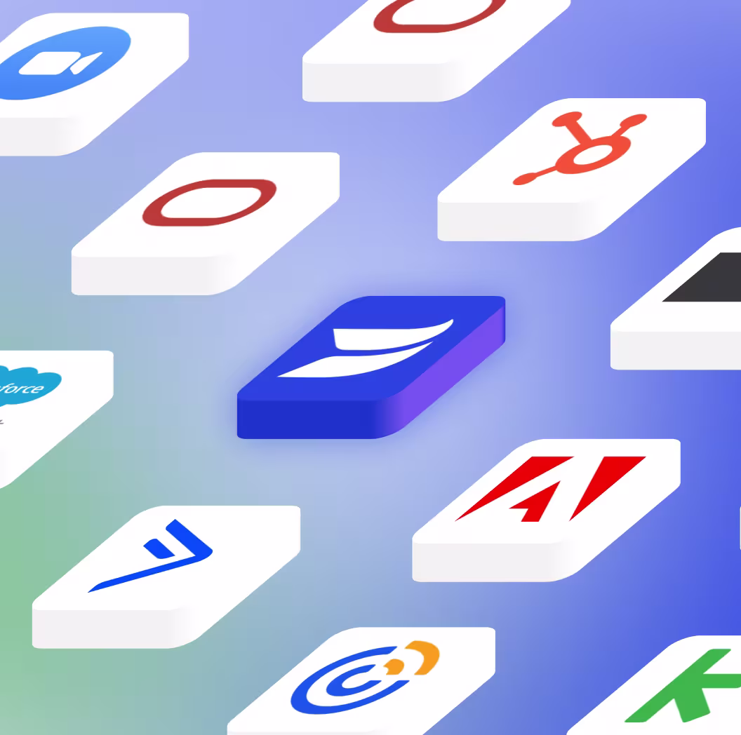 Grid of marketing and sales tool logos, including Salesforce, HubSpot, and Marketo, with the Wistia logo highlighted in the middle.