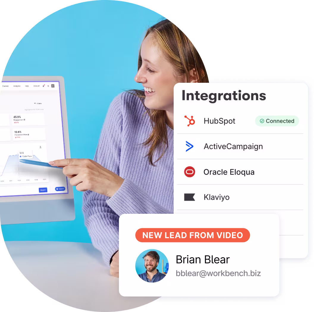 A person at a computer with an integrations panel showing HubSpot connected, alongside a "new lead from video" notification for Brian Blear.
