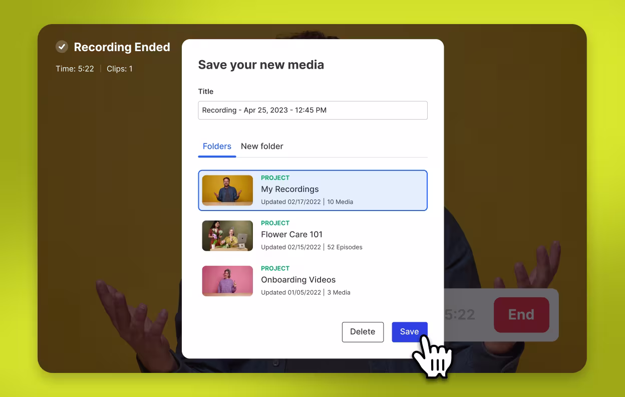 “Recording Ended” screen with save media modal showing title field, three different video projects in a folder, and a highlighted “Save” button being clicked.