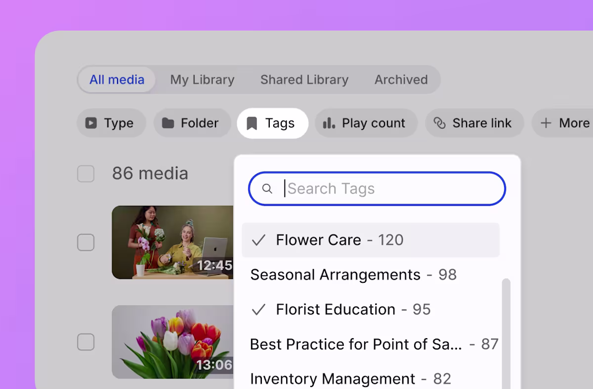 Wistia’s media library filtered by tags, with a "Search Tags" menu showing custom tags like Flower Care, Florist Education, and Inventory Management and their video counts.