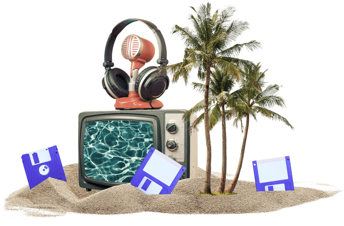 Television, headphones, mic, and floppy disks on a tropical island