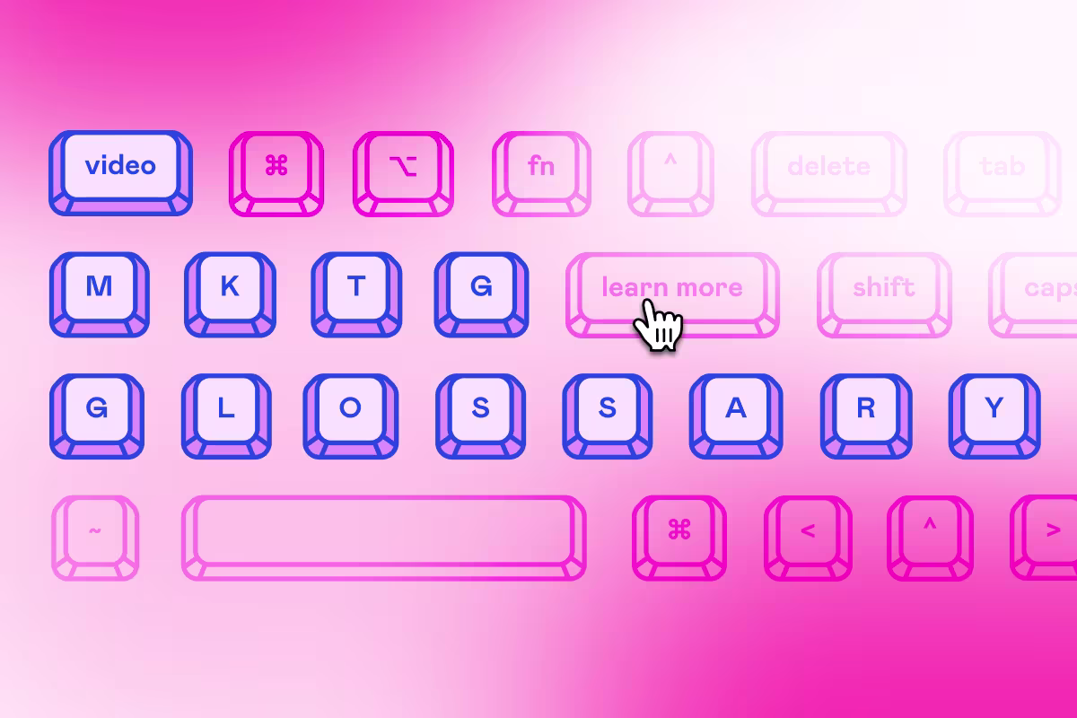 a keyboard that spells out "video MKTG GLOSSARY"