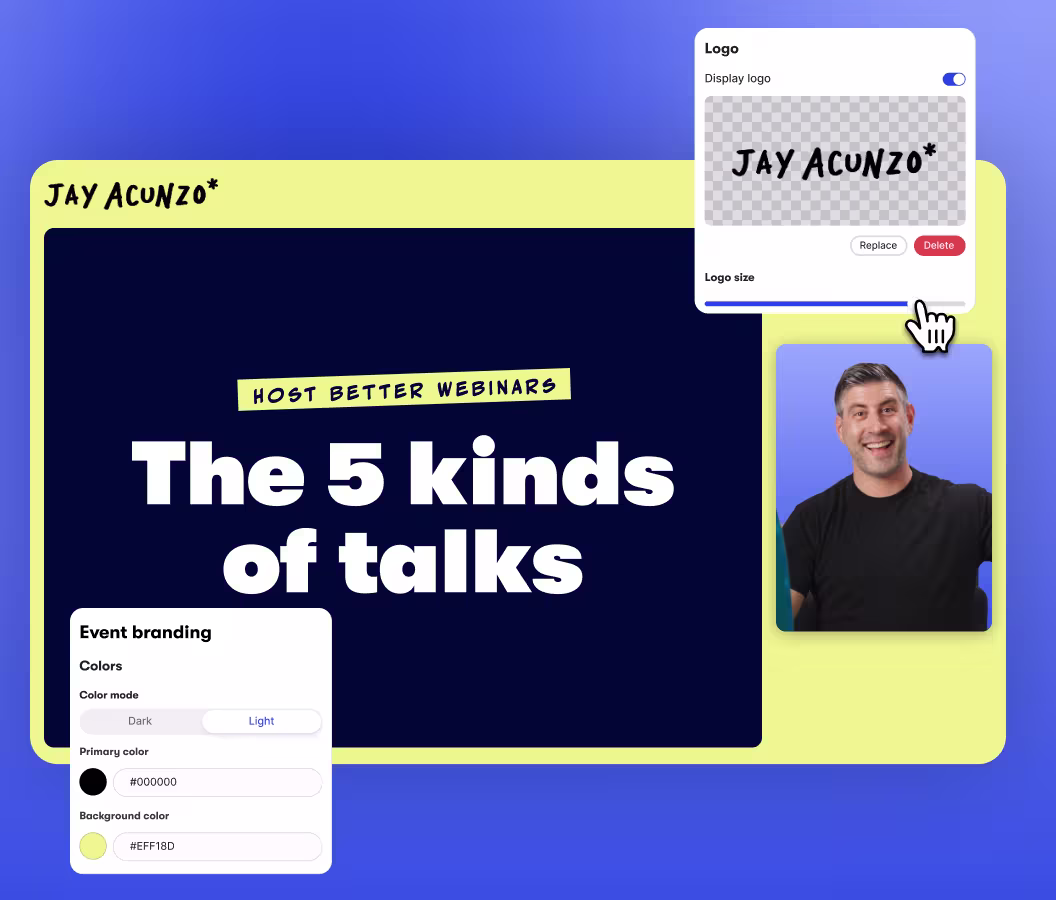Branded webinar interface showing “Welcome to Workbench,” color and logo settings, and four speaker video thumbnails.