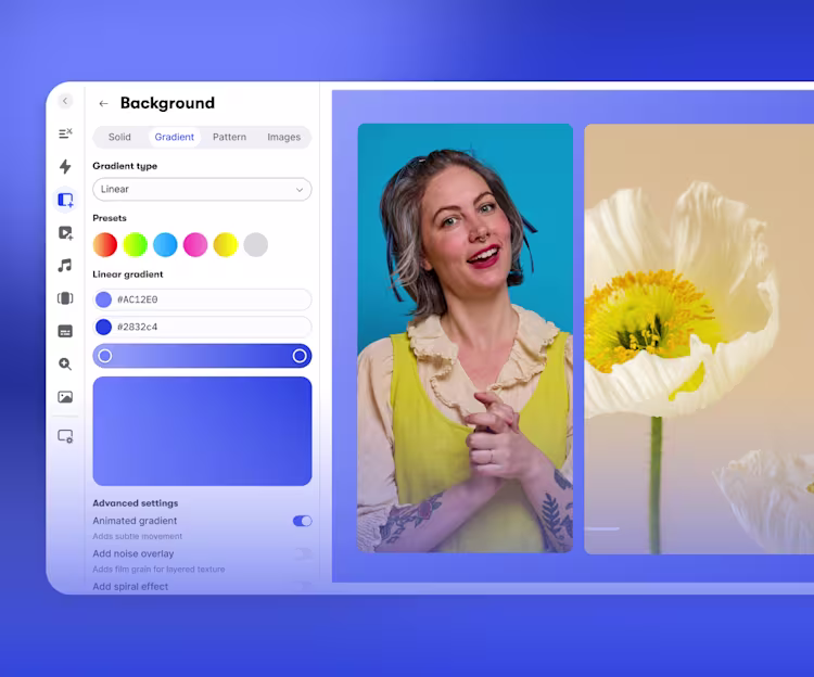 Wistia editor UI with color presets, linear gradients, and advanced options like an animated gradient; preview displays a speaker on one side and a flower on the other, all over a gradient background.