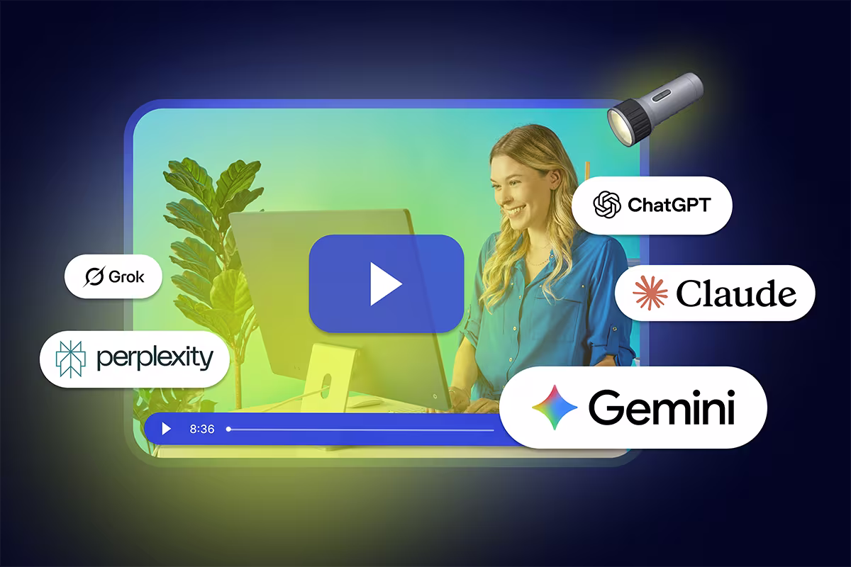 a flashlight pointed at a video player with Grok, perplexity, ChatGPT, Claude, and Gemini logos around the video player