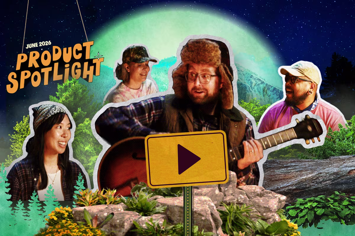 June 2026 Product Spotlight; images of campers and one with a guitar; a directional sign that is a play button.
