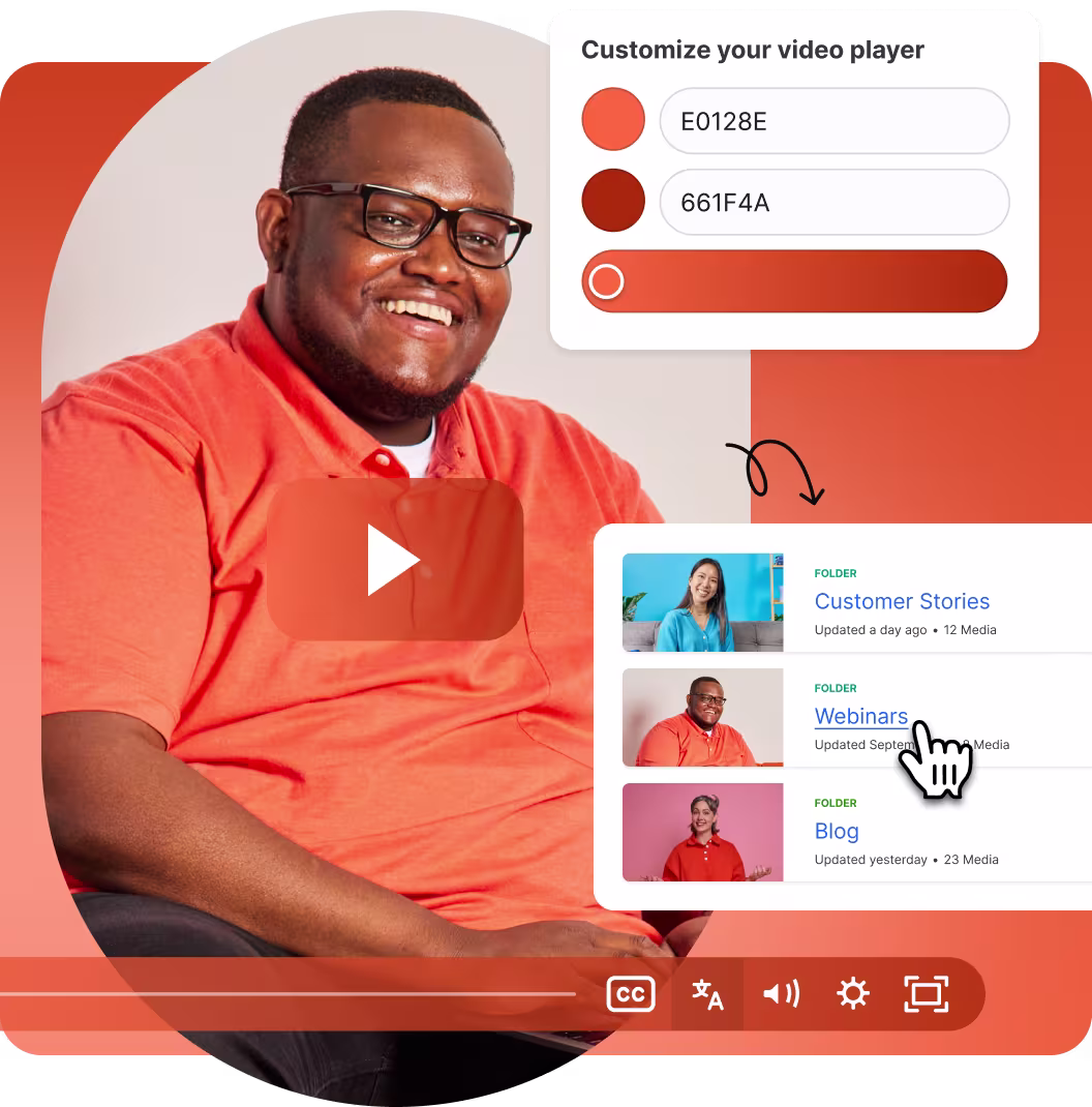 Presenter smiling while Wistia interface shows customizable video player colors and organized folders.