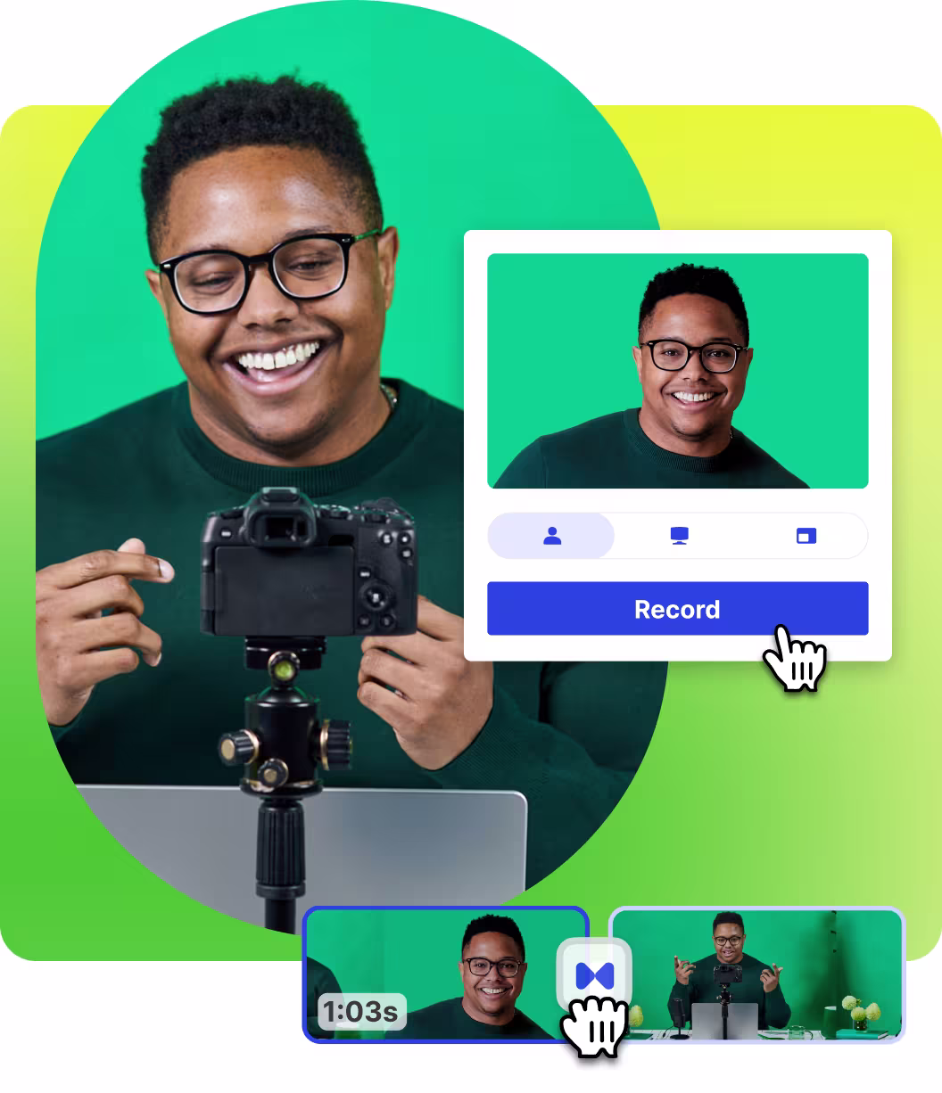 Video software UI showing a video timeline and a video recorder and an image of a smiling man at a laptop recording a video.