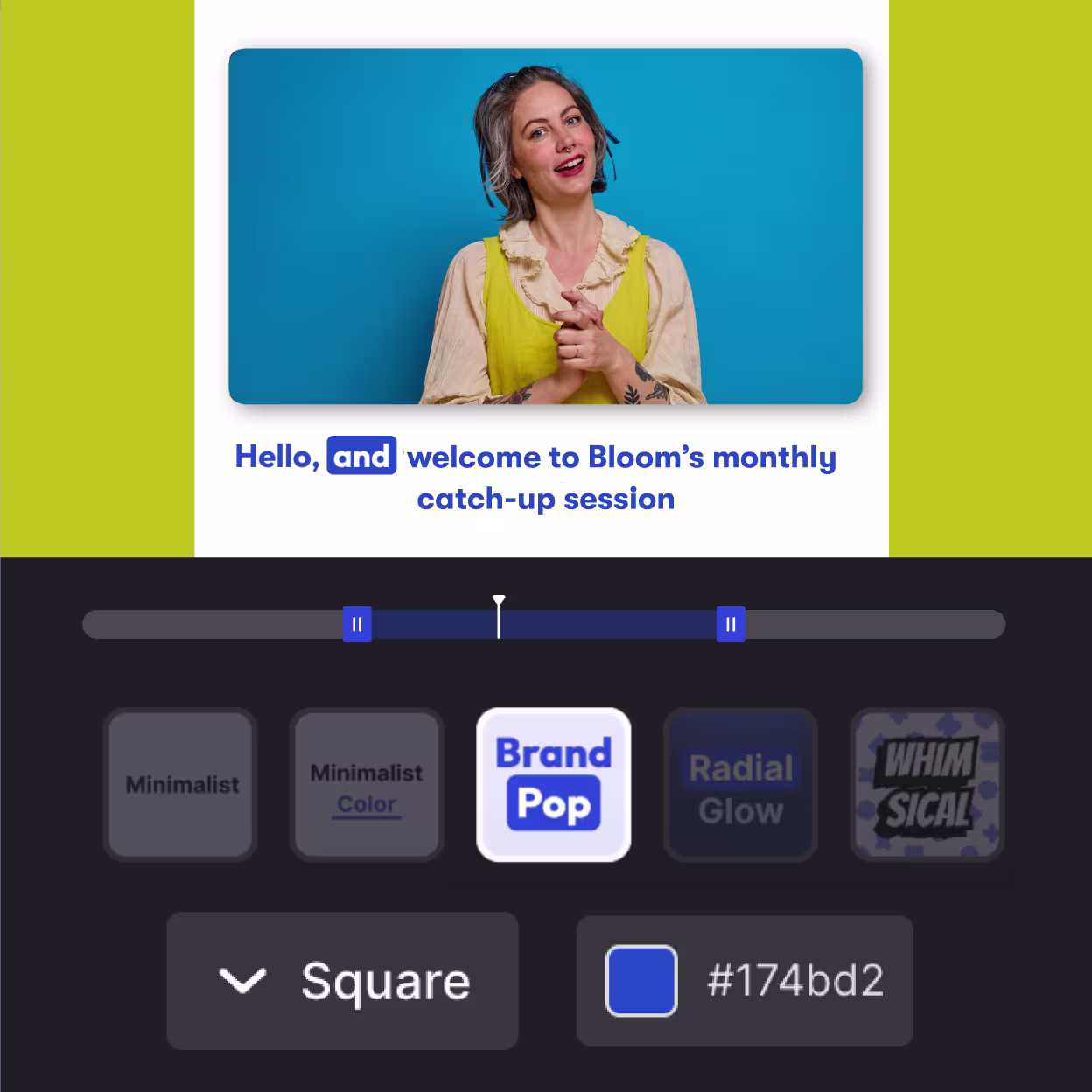 Social Clips interface showing a clip being created with a speaker and stylized, burnt-in captions. Below are timeline trimming controls, five stylized caption options, and two dropdown menus for clip shape and color.
