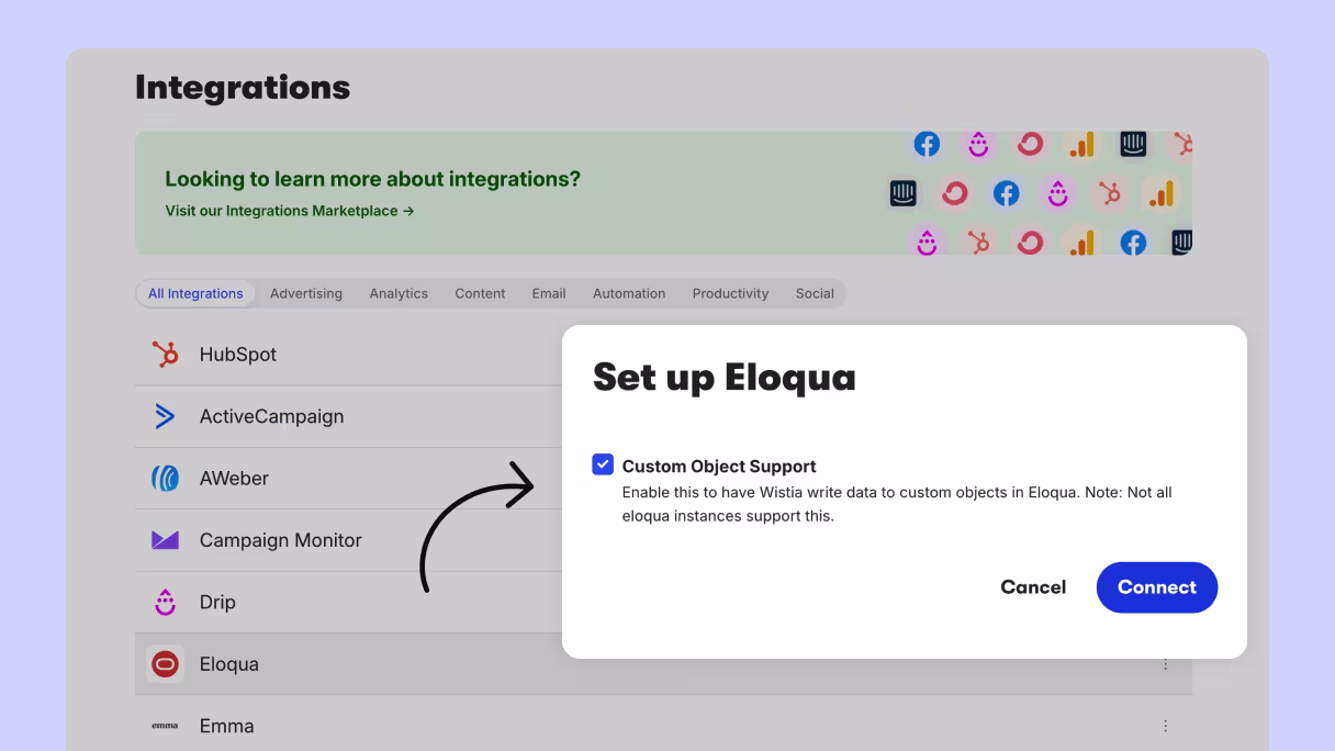 Wistia integrations page with Eloqua selected; a modal titled “Set up Eloqua” shows a checked option for ‘Custom Object Support’ and buttons for Cancel and Connect.
