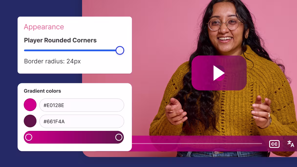 Wistia player customization UI showing a slider for rounding player corners and a gradient color selector.