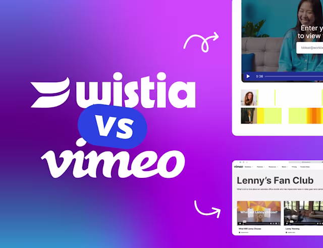 Promotional graphic showing the text ‘Wistia vs Vimeo’ on a purple gradient background, alongside screenshots of Wistia heatmaps and a Wistia Channel named ‘Lenny’s Fan Club.’