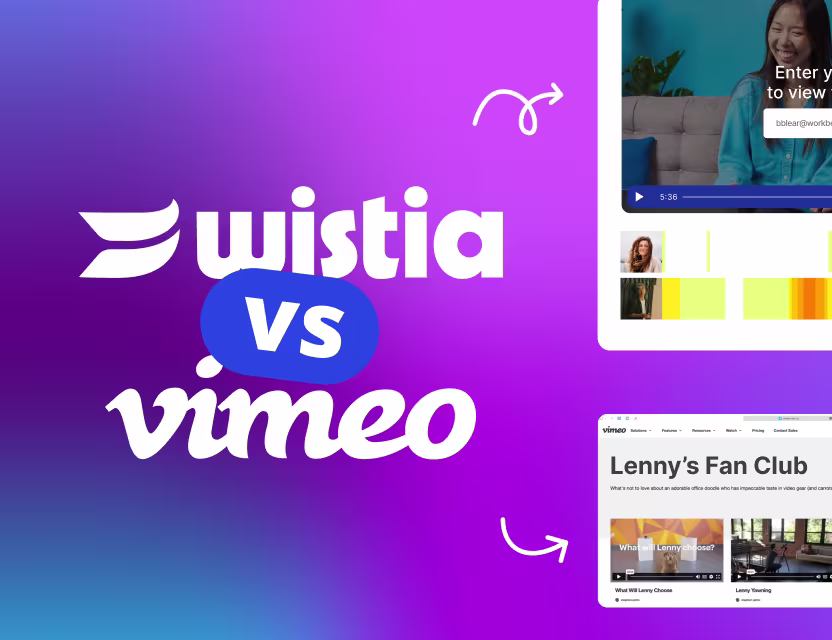 Promotional graphic showing the text ‘Wistia vs Vimeo’ on a purple gradient background, alongside screenshots of Wistia heatmaps and a Wistia Channel named ‘Lenny’s Fan Club.’