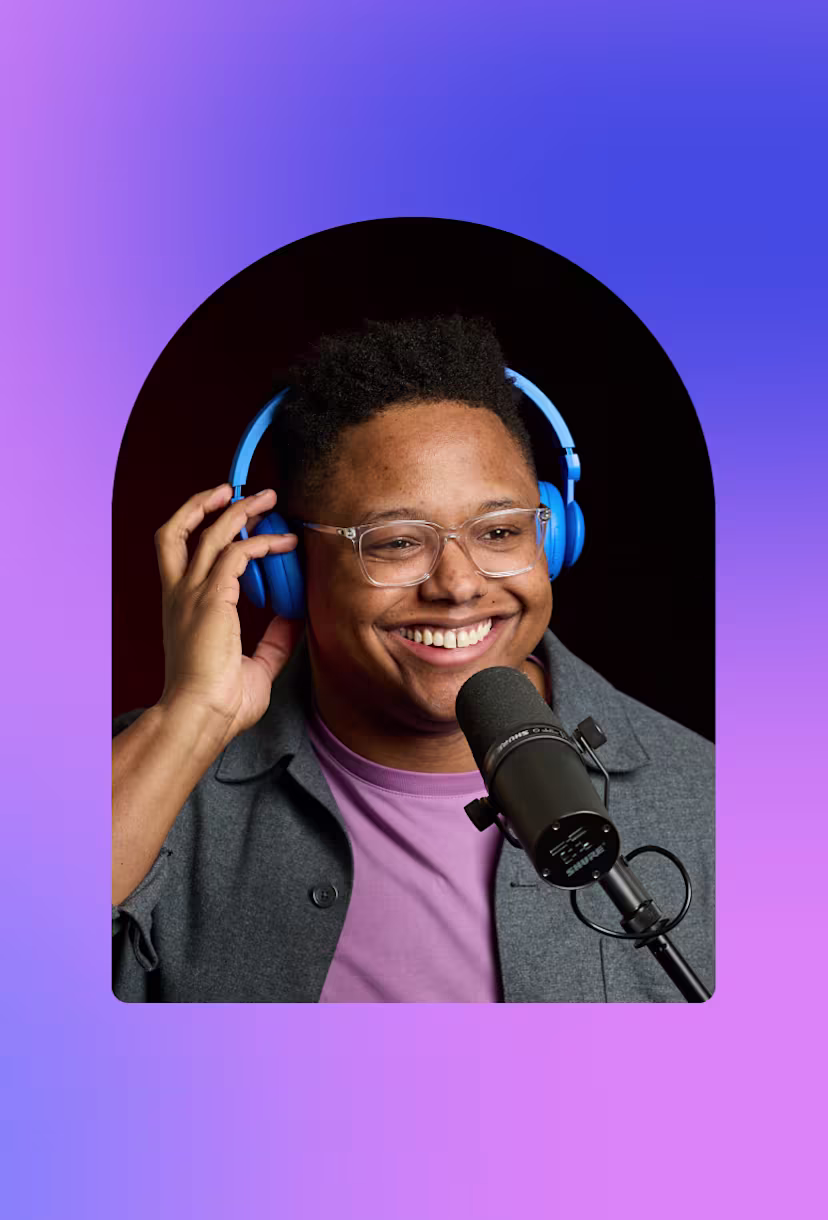 Smiling person with headphones and microphone