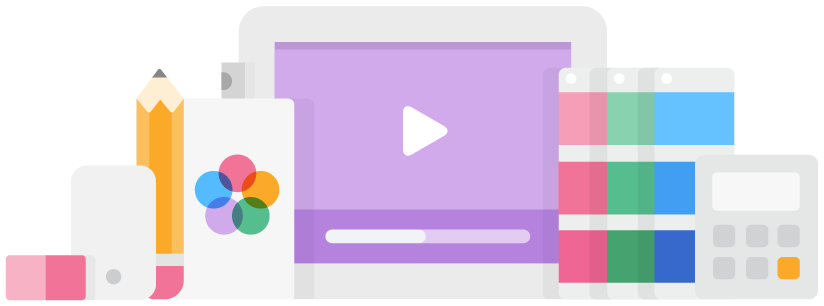 illustration of a pen, computer, color swatches, and a calculator