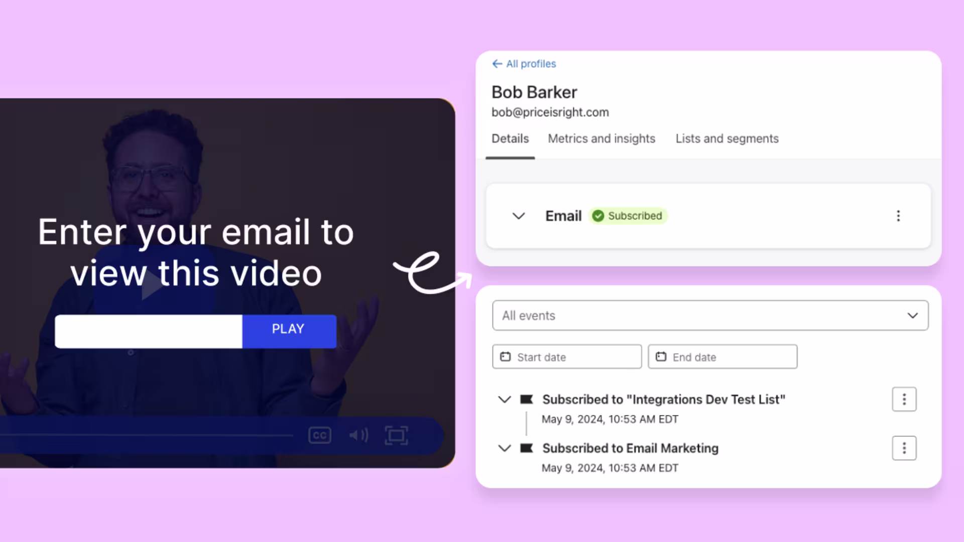 Klaviyo interface showing Wistia-synced lead in targeted email list.