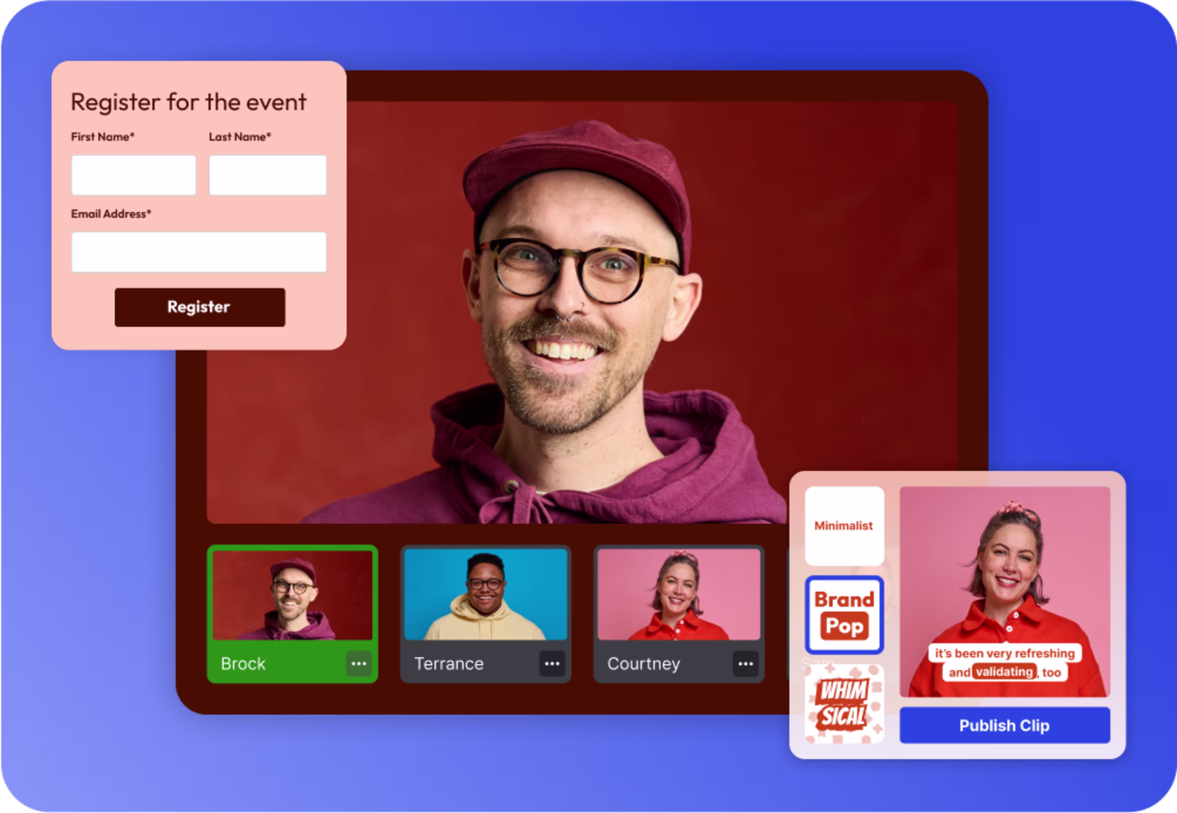 A webinar with the event registration modal and social clips UI
