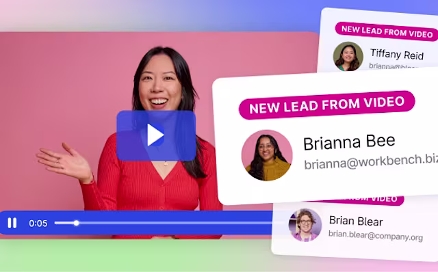 “New lead from video” notification cards with captured names and emails over a video.