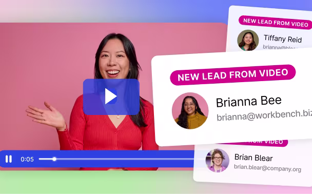 “New lead from video” notification cards with captured names and emails over a video.