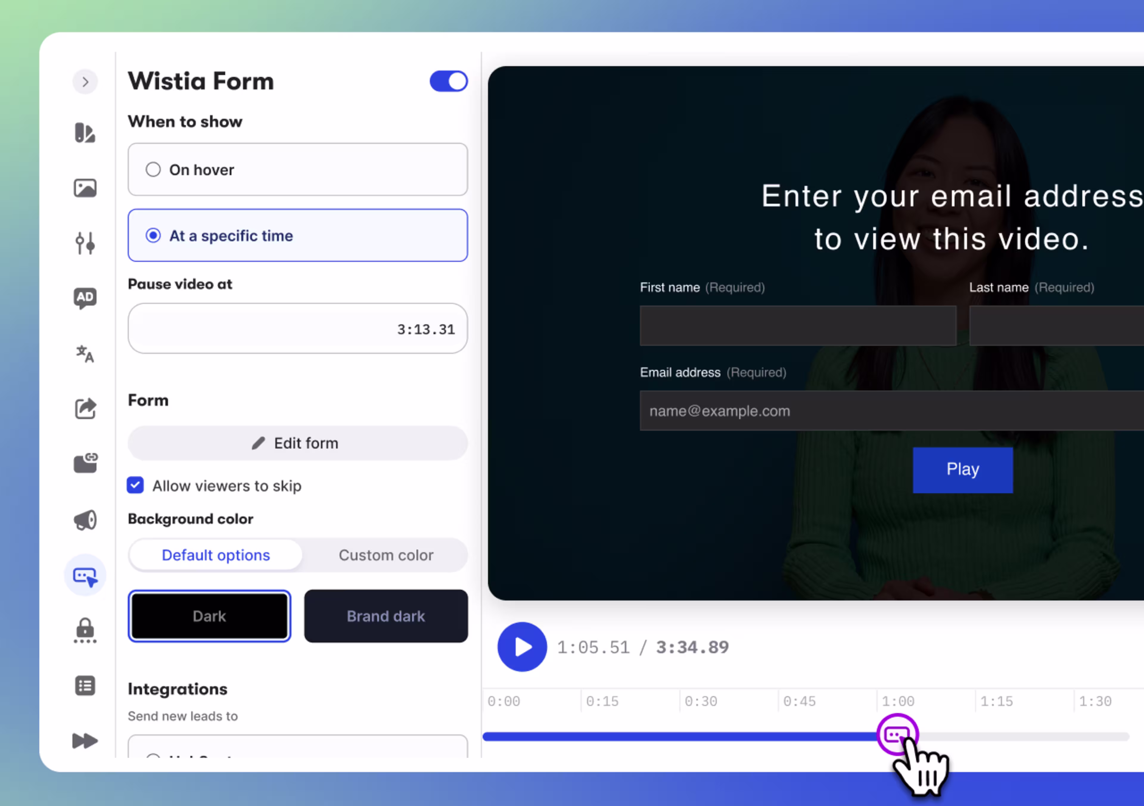 Wistia Form panel showing options for when the form appears, form editing, background color, and integrations.